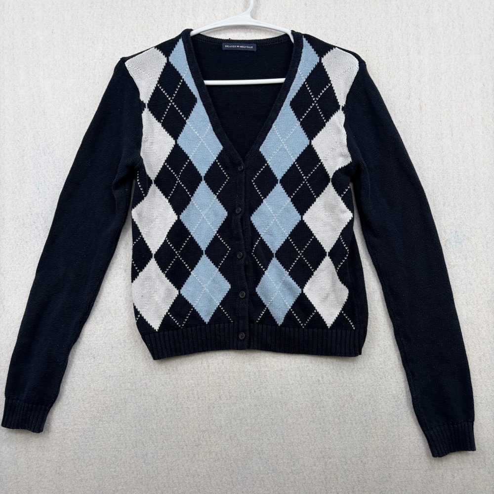Brandy Melville Navy Blue Argyle V-Neck Button Front Cotton Cardigan MH341